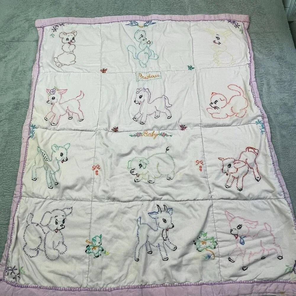 Vintage Baby Quilt Hand Embroidered Animals Pastel Crib Blanket‎ Handmade 36x30